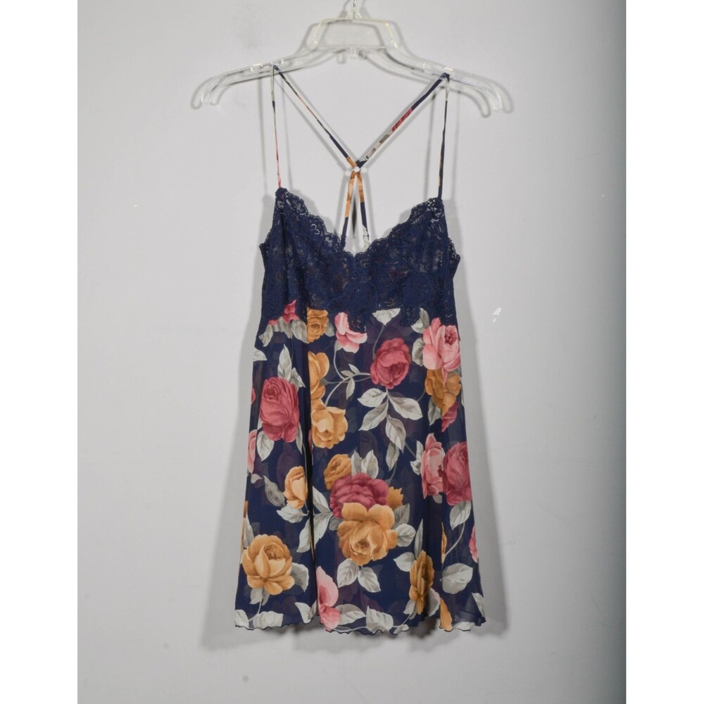 Vintage Y2K Victoria Secret Navy Rose Floral Lace Babydoll Mini Slip Dress Sz L